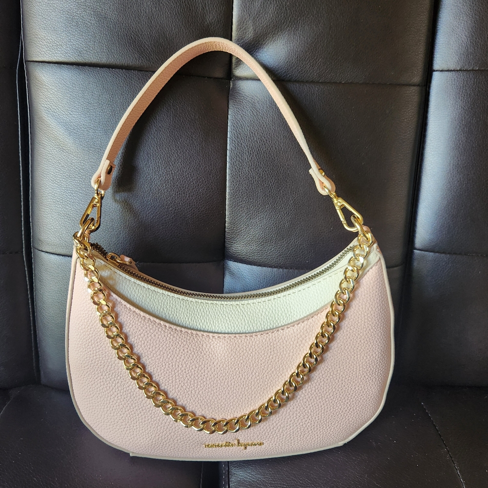 Elegant Pink and Cream Handbag with Gold Chain